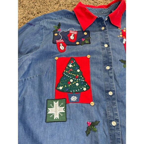 KAREN SCOTT Chambray Button Shirt Cord Collar Christmas Santa Stockings 2X READ - Picture 4 of 10